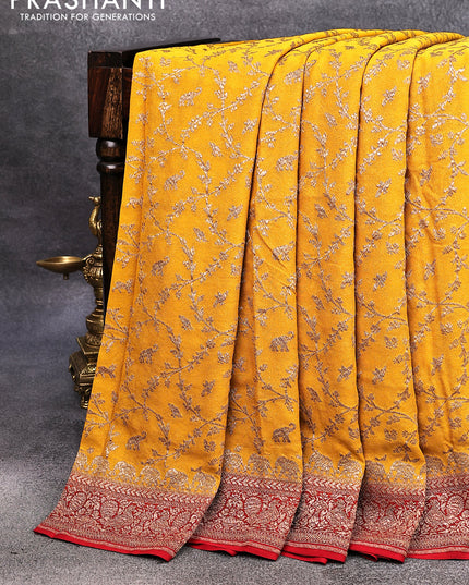Pure banarasi georgette silk saree mustard yellow and red with allover thread & zari weaves and woven border