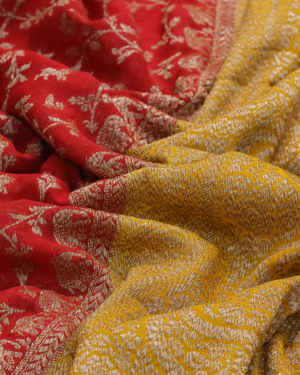 Pure banarasi georgette silk saree red and mustard yellow with allover thread & zari weaves and woven border