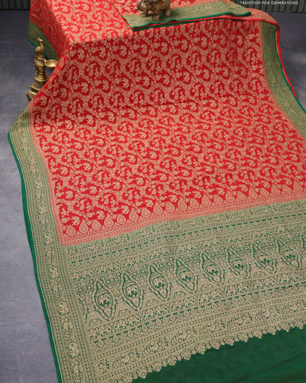 Pure banarasi georgette silk saree red and green with allover thread & zari woven brocade weaves and woven border