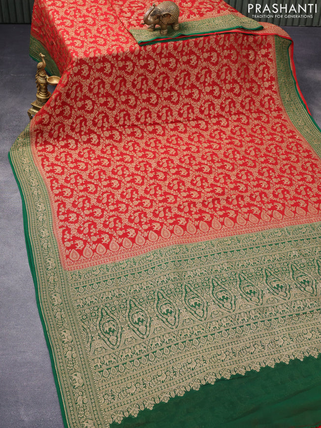 Pure banarasi georgette silk saree red and green with allover thread & zari woven brocade weaves and woven border