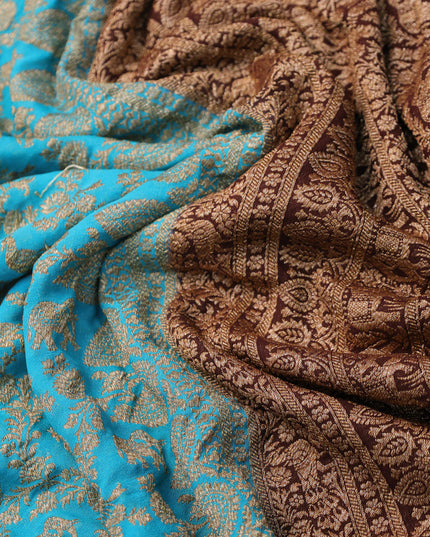 Pure banarasi georgette silk saree teal blue and brown with allover thread & zari woven brocade weaves and woven border