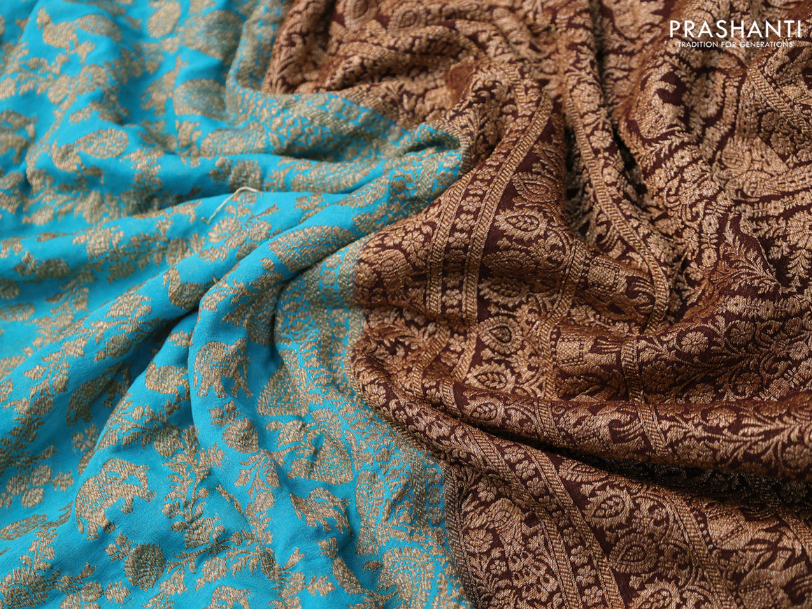 Pure banarasi georgette silk saree teal blue and brown with allover thread & zari woven brocade weaves and woven border