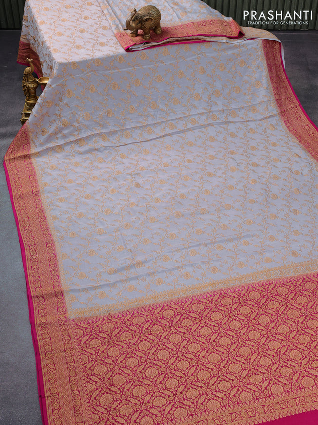 Pure banarasi crepe silk saree grey and magenta pink with allover thread & zari woven floral brocade weaves and woven border