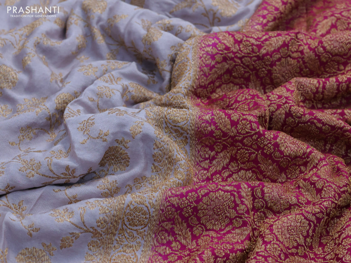 Pure banarasi crepe silk saree grey and magenta pink with allover thread & zari woven floral brocade weaves and woven border