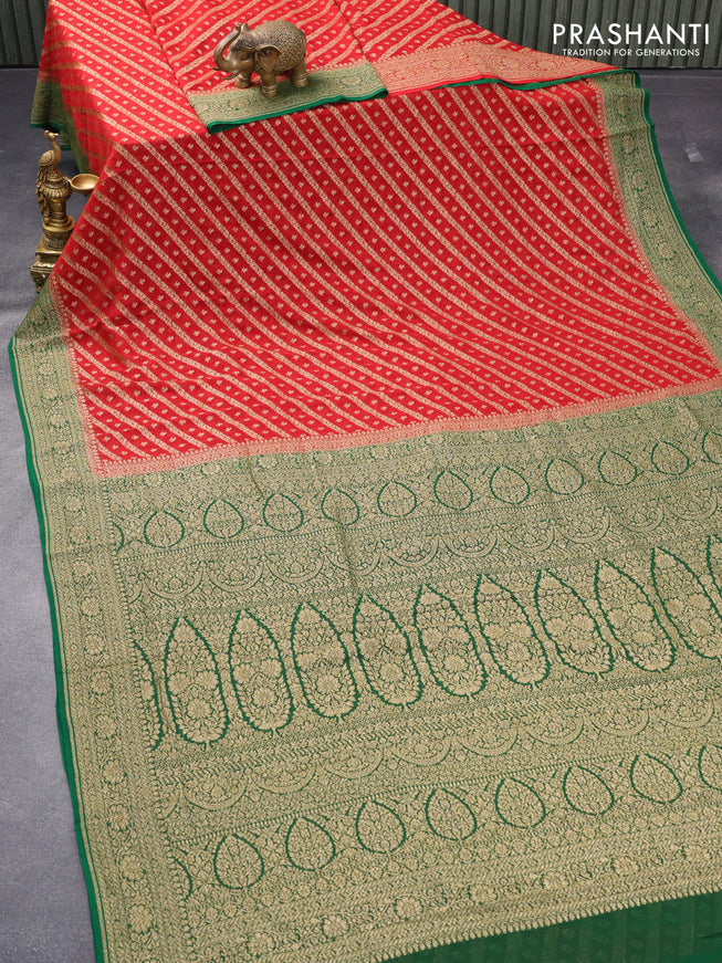 Pure banarasi crepe silk saree red and green with allover thread & zari weaves and woven border