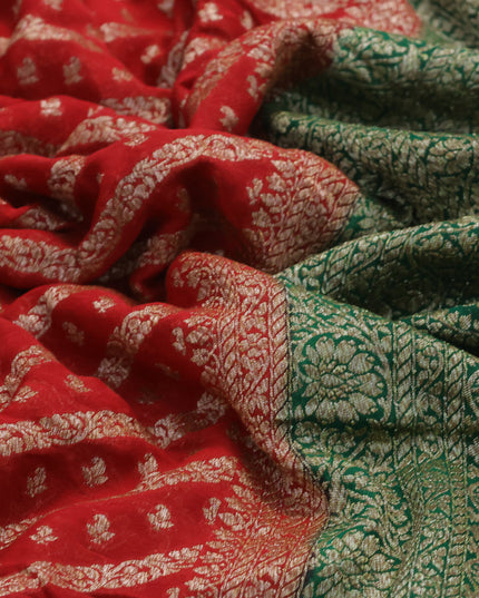 Pure banarasi crepe silk saree red and green with allover thread & zari weaves and woven border