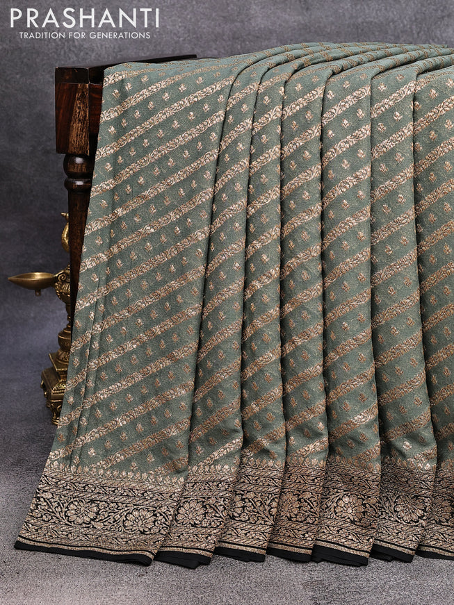 Pure banarasi crepe silk saree grey and black with allover thread & zari weaves and woven border