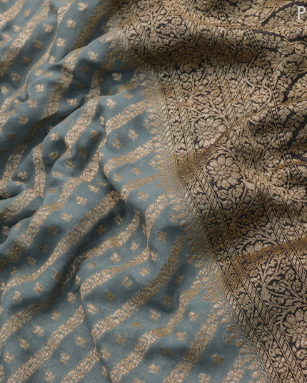 Pure banarasi crepe silk saree grey and black with allover thread & zari weaves and woven border