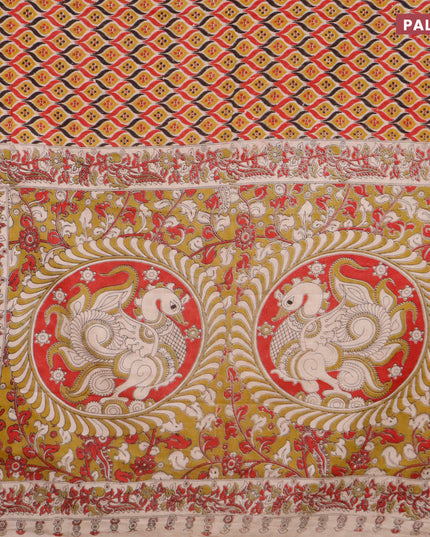 Kalamkari cotton saree multi colour and mustard yellow red with allover batik prints and printed border