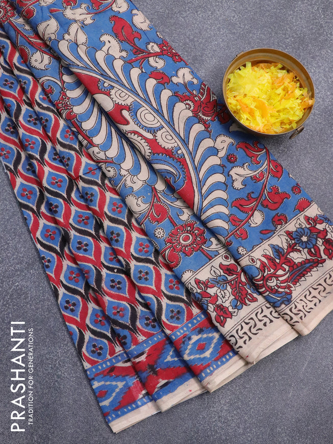 Kalamkari cotton saree multi colour and red blue with allover batik prints and printed border