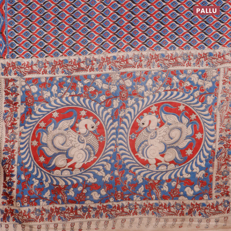 Kalamkari cotton saree multi colour and red blue with allover batik prints and printed border