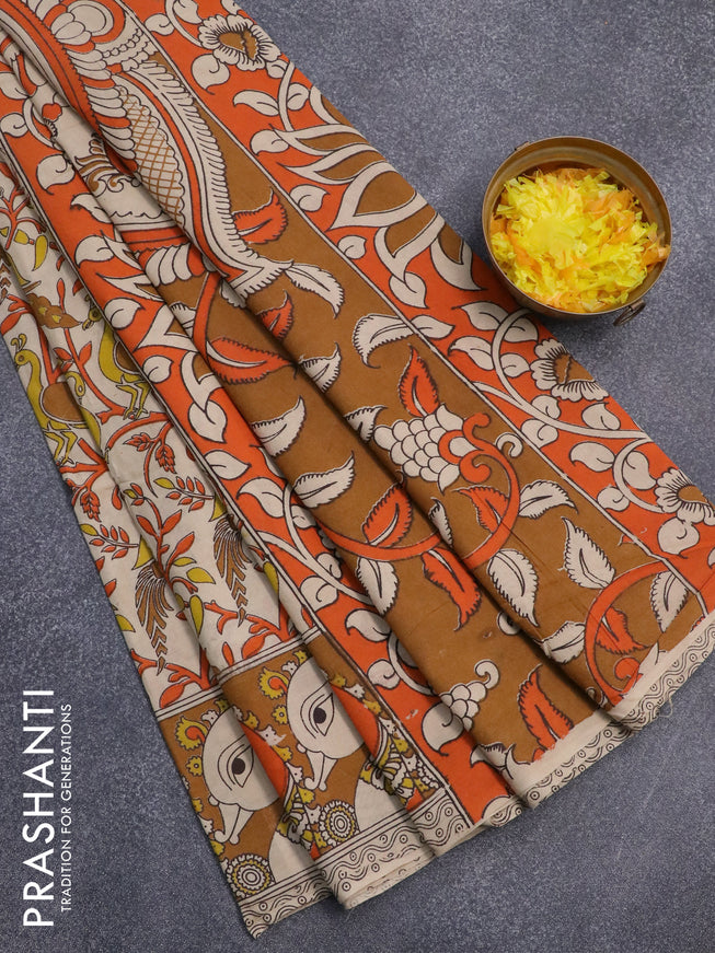Kalamkari cotton saree beige and dark mustard with allover prints and printed border