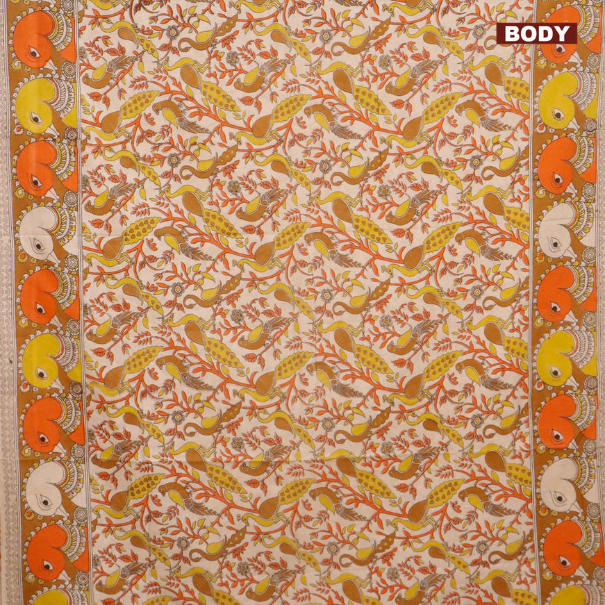 Kalamkari cotton saree beige and dark mustard with allover prints and printed border