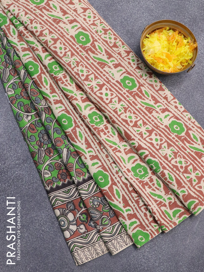 Kalamkari cotton saree green and brown with allover prints and printed border