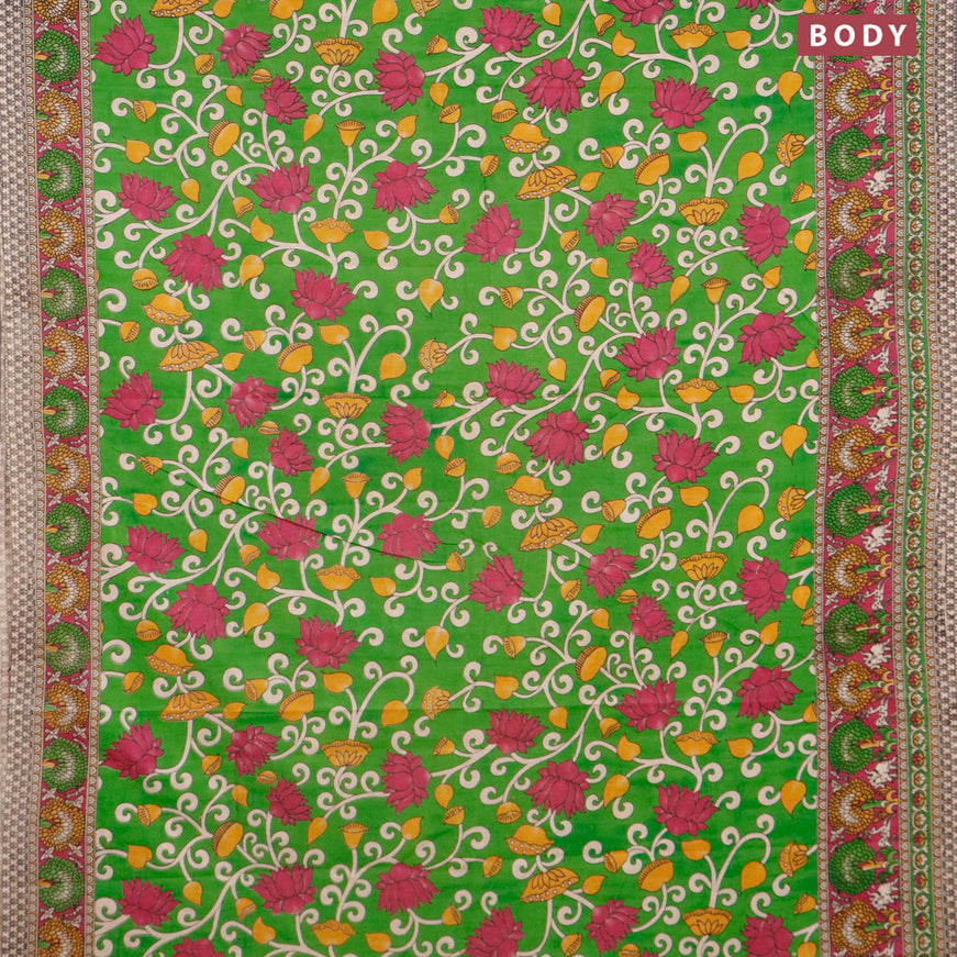 Kalamkari cotton saree green and magenta pink with allover prints and printed border