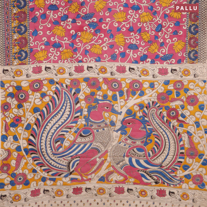 Kalamkari cotton saree dark magenta and yellow with allover prints and printed border
