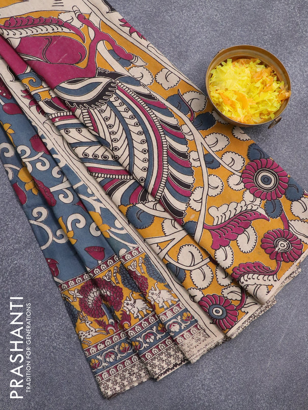 Kalamkari cotton saree grey shade and yellow with allover prints and printed border