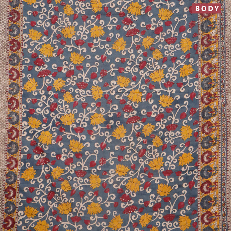 Kalamkari cotton saree grey shade and yellow with allover prints and printed border