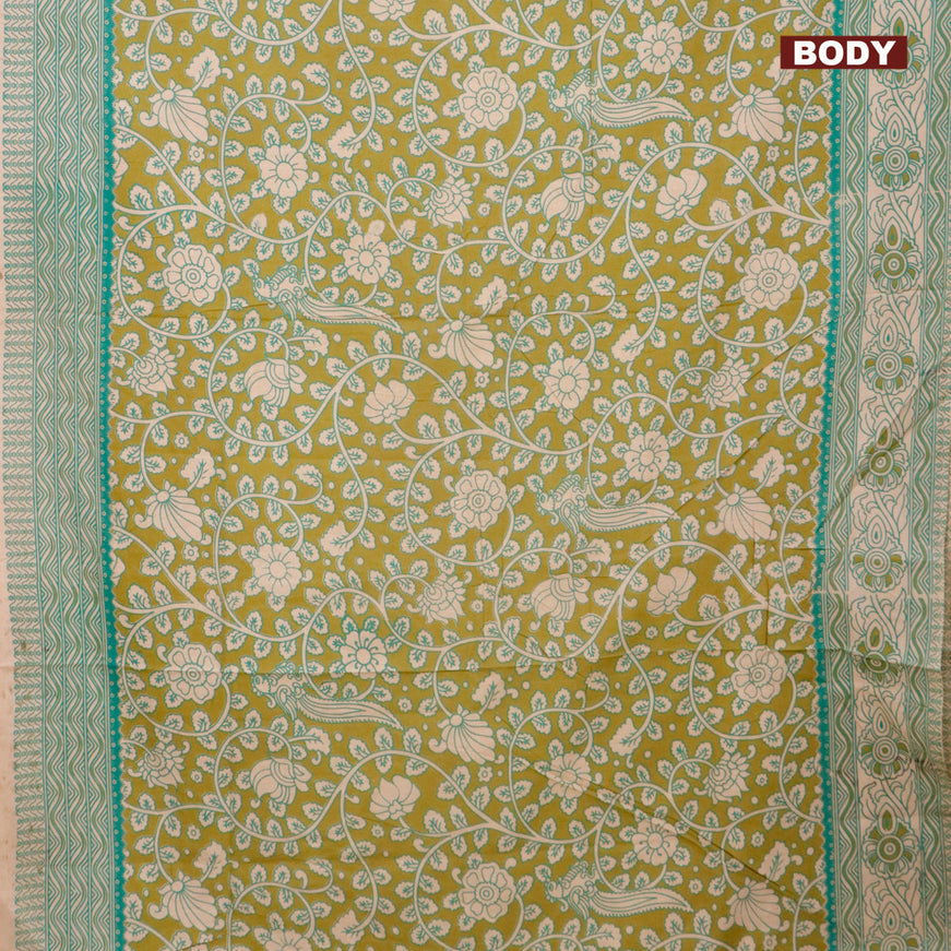 Kalamkari cotton saree mehendi green and beige with allover prints and printed border