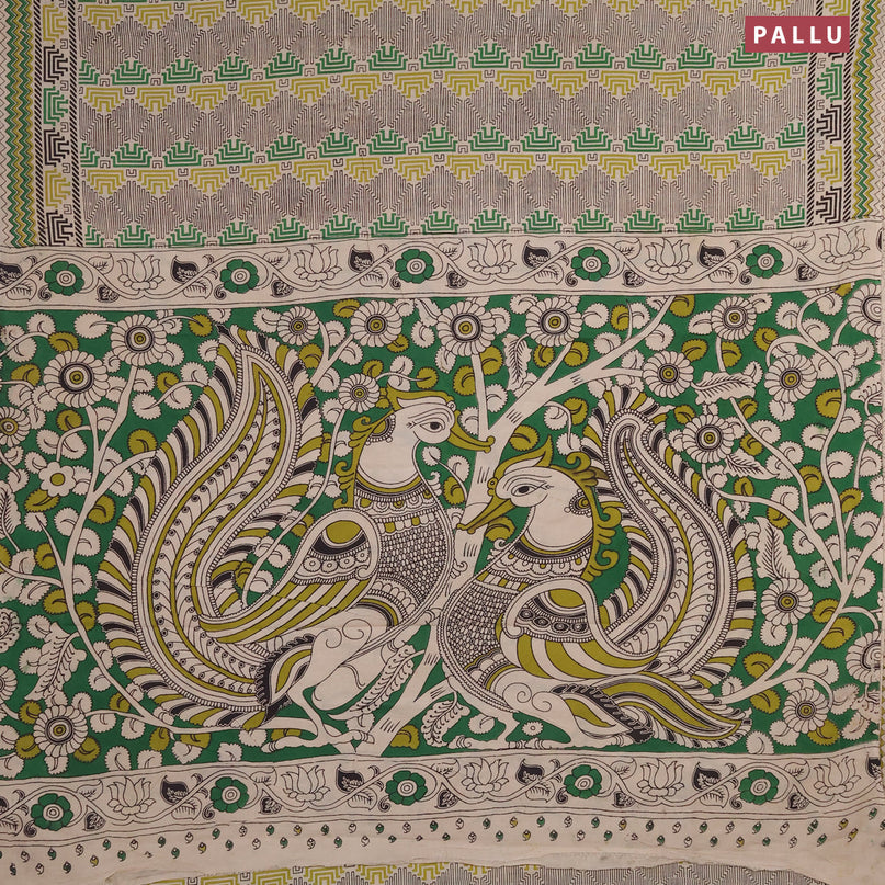 Kalamkari cotton saree beige and green light green with allover geometric prints and printed border