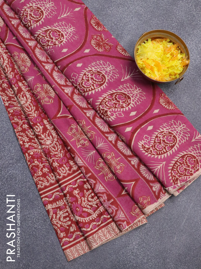 Kalamkari cotton saree maroon with allover batik prints and printed border