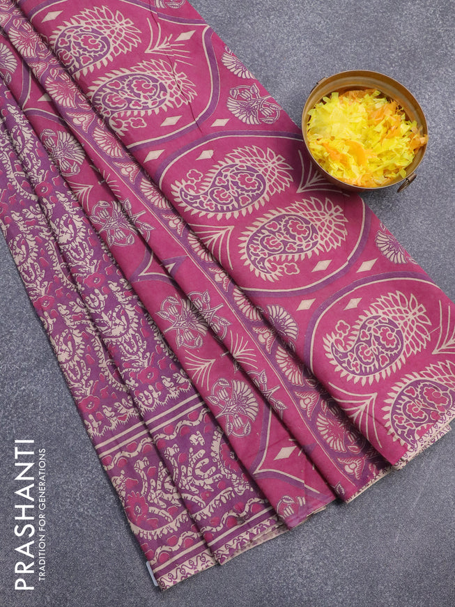 Kalamkari cotton saree purple with allover batik prints and printed border