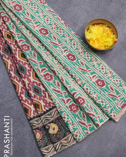 Kalamkari cotton saree beige maroon and black with allover ikat weaves and printed border