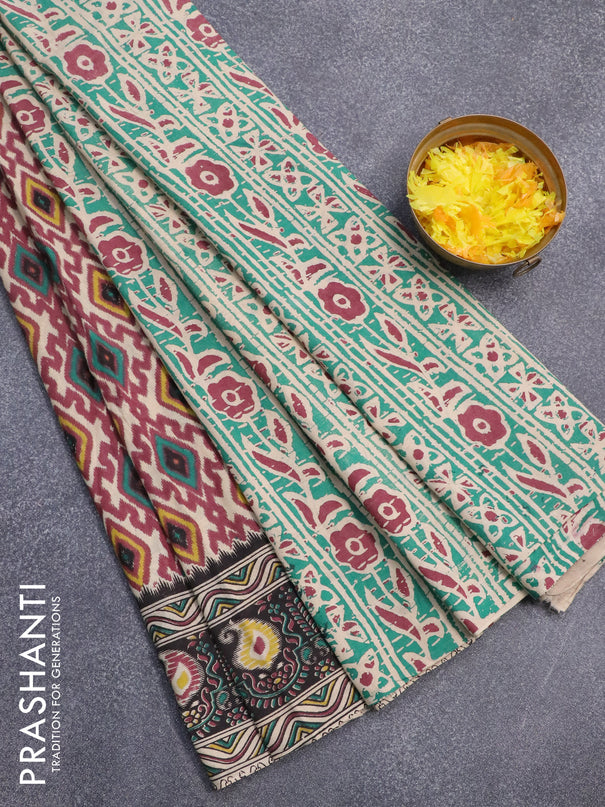 Kalamkari cotton saree beige maroon and black with allover ikat weaves and printed border