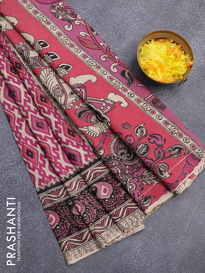 Kalamkari cotton saree beige magenta and black with allover ikat weaves and printed border