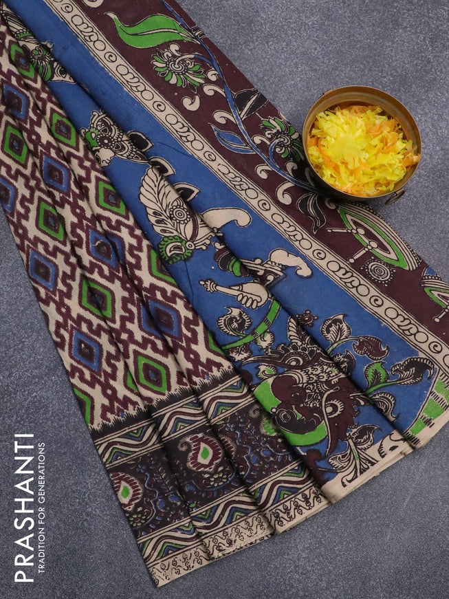 Kalamkari cotton saree beige deep maroon and black with allover ikat weaves and printed border