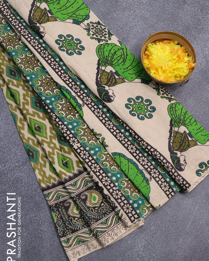 Kalamkari cotton saree beige green and black with allover ikat weaves and printed border