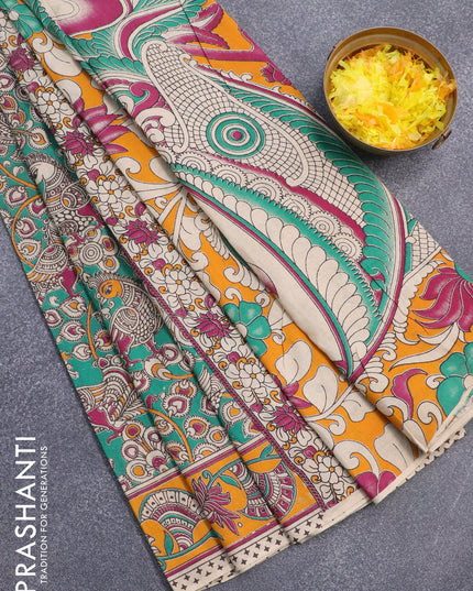 Kalamkari cotton saree teal green and mango yellow with allover prints and printed border