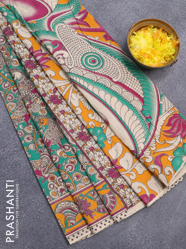 Kalamkari cotton saree teal green and mango yellow with allover prints and printed border