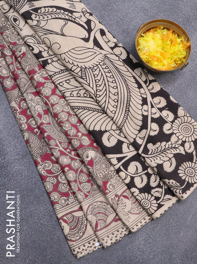 Kalamkari cotton saree deep maroon and beige with allover prints and printed border