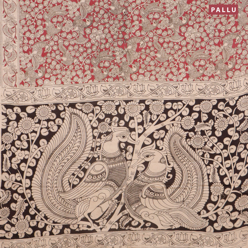 Kalamkari cotton saree deep maroon and beige with allover prints and printed border