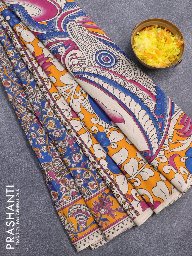 Kalamkari cotton saree blue and mango yellow with allover prints and printed border