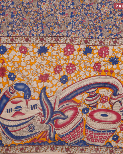 Kalamkari cotton saree blue and mango yellow with allover prints and printed border
