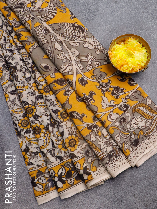 Kalamkari cotton saree beige black and yellow with allover floral prints and printed border