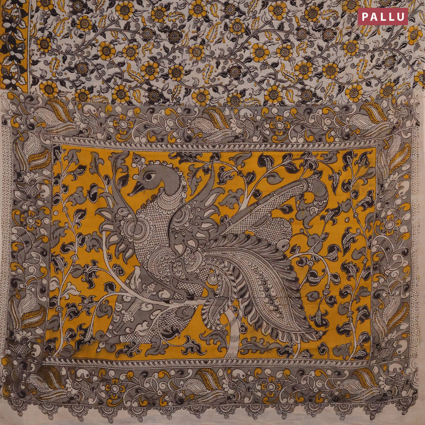 Kalamkari cotton saree beige black and yellow with allover floral prints and printed border