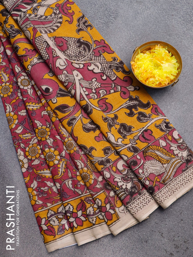 Kalamkari cotton saree magenta pink and yellow with allover floral prints and printed border