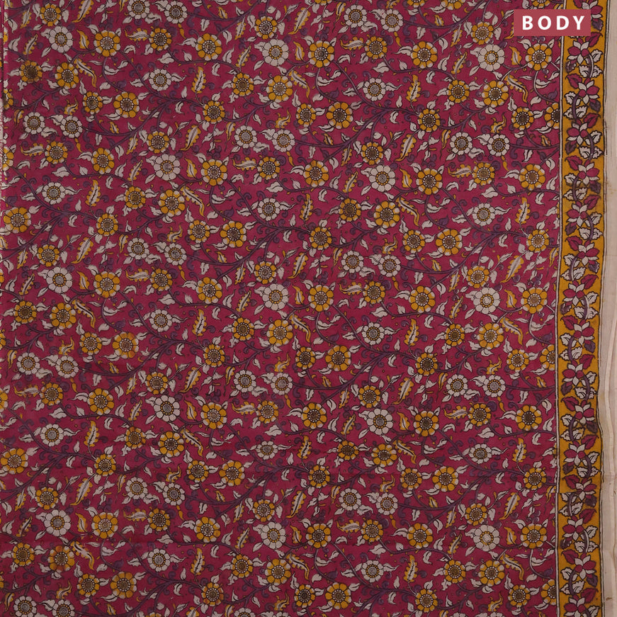 Kalamkari cotton saree magenta pink and yellow with allover floral prints and printed border