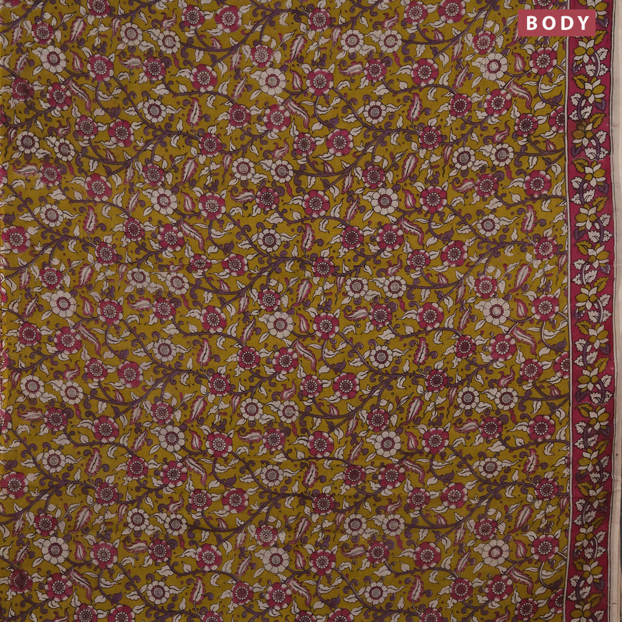 Kalamkari cotton saree dark mustard and magenta pink with allover floral prints and printed border