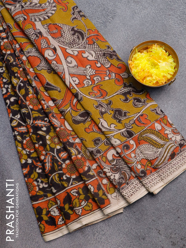 Kalamkari cotton saree black and orange with allover floral prints and printed border