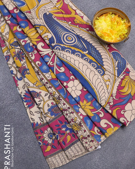 Kalamkari cotton saree beige and magenta pink with allover prints and printed border