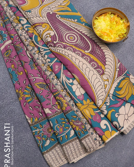 Kalamkari cotton saree purple shade and peacock blue with allover prints and printed border