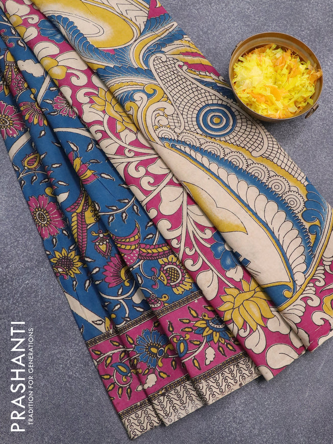 Kalamkari cotton saree peacock blue and dark magenta with allover prints and printed border