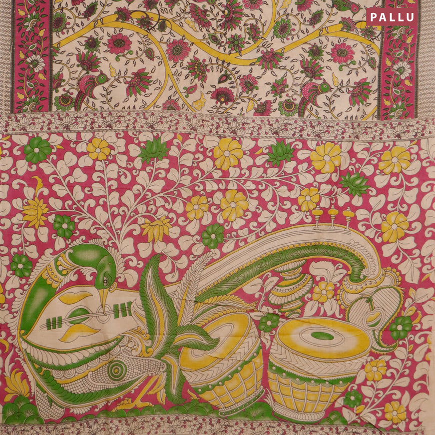 Kalamkari cotton saree beige and magenta pink with allover prints and printed border