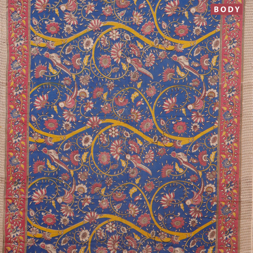 Kalamkari cotton saree blue and dark magenta with allover prints and printed border