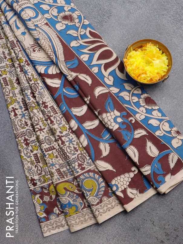 Kalamkari cotton saree beige and wine shade with allover prints and printed border