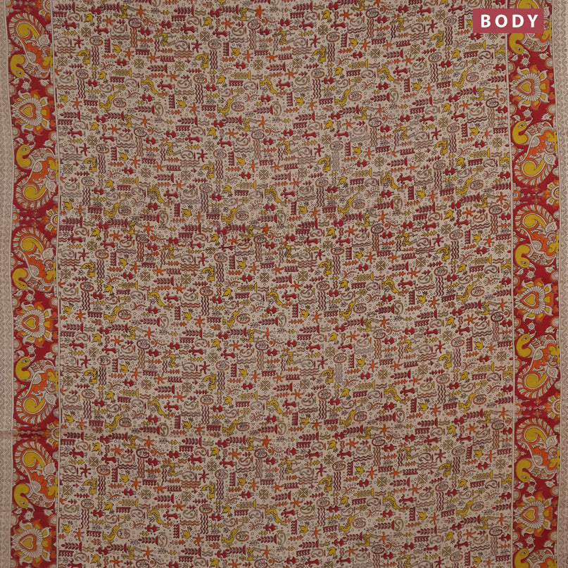Kalamkari cotton saree beige and kum kum red with allover prints and printed border